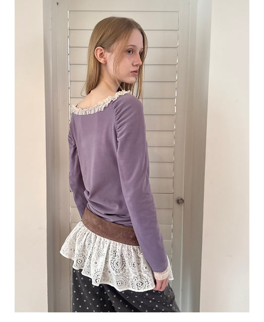 Lace Envelope Ruched Side Long Sleeve Top