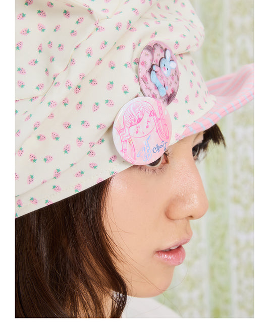 Front view of Unsocial Night strawberry striped cat ear beanie featuring a pleated slouched slouchy shape, a soft brim, and non-adjustable cotton knit texture.