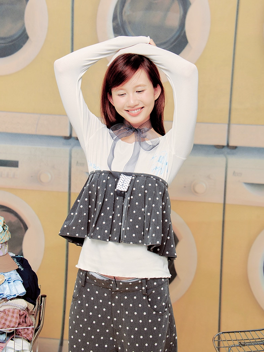 Pleated Polka Dots Skirt Pants 2-Piece Set