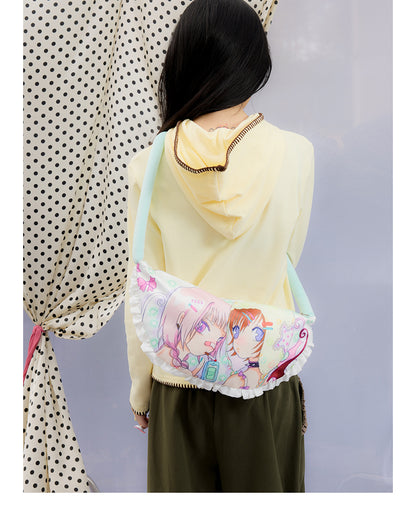 Front view of Unsocial Night Oliwa USN Girls Club pillow bag showcasing the custom artist painting print on a soft quilted padded shoulder bag silhouette