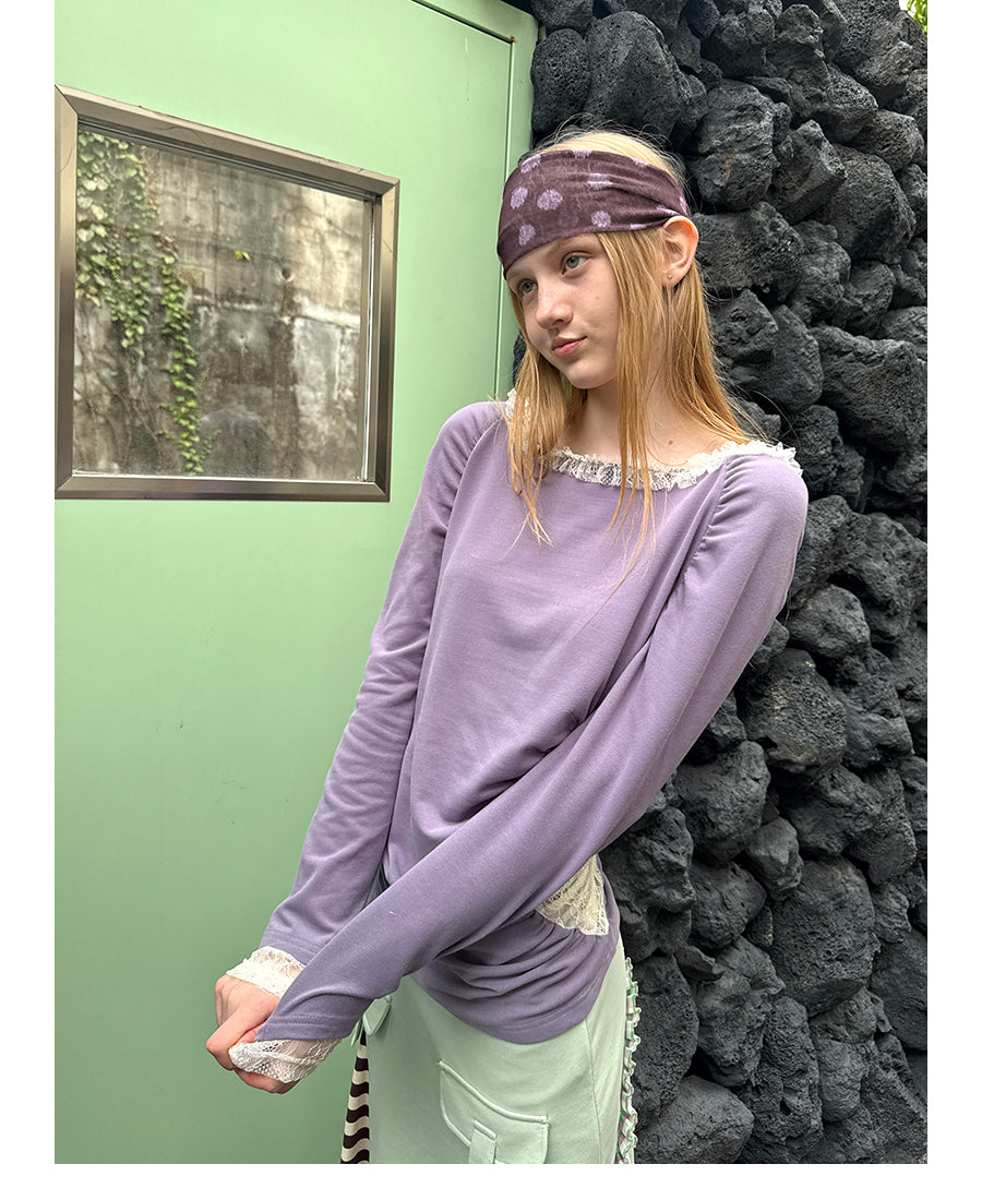 Lace Envelope Ruched Side Long Sleeve Top