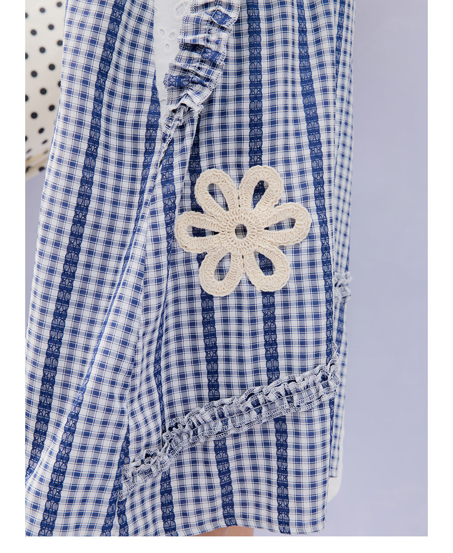 Front view of Unsocial Night checkered lace apron dress featuring a loose-fit suspender silhouette, sleeveless pullover design, and a coordinating checkered choker