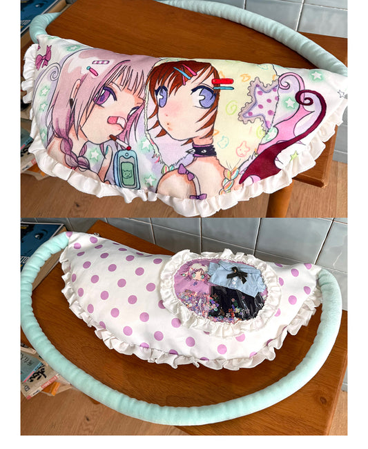Front view of Unsocial Night Oliwa USN Girls Club pillow bag showcasing the custom artist painting print on a soft quilted padded shoulder bag silhouette