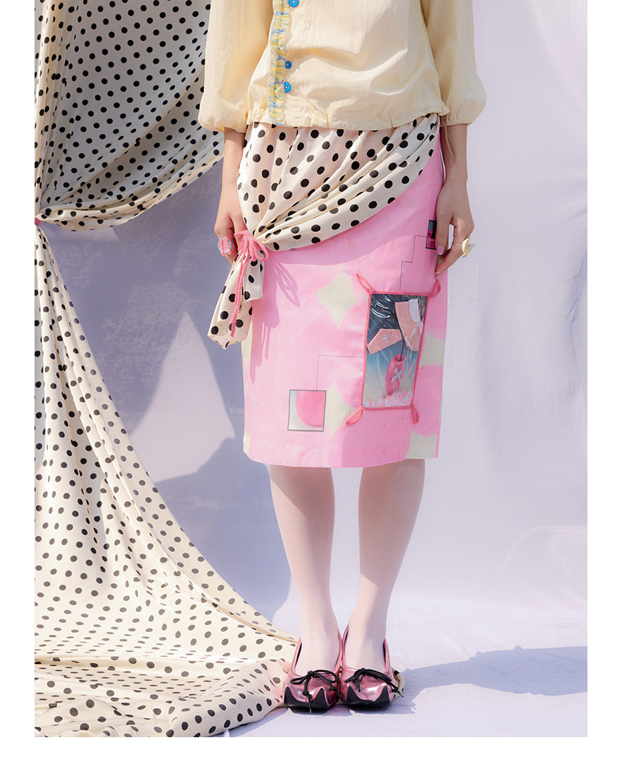 Front view of Unsocial Night My Candy Window cute skirt featuring a mid-rise straight silhouette, printed fabric with sequin embellishments, and a fully lined interior
