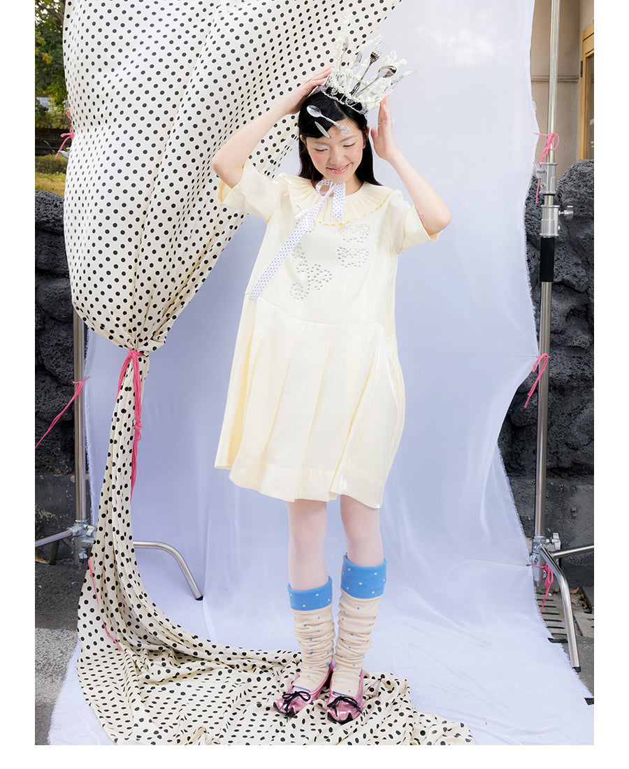 Front view of Unsocial Night beige Shimmer Waves pleated dress featuring an A-line silhouette, classic round neck, half sleeves, and delicate rhinestone embellishments
