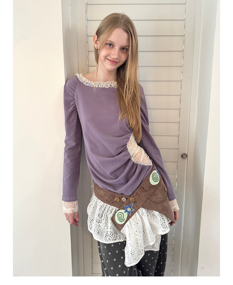 Lace Envelope Ruched Side Long Sleeve Top