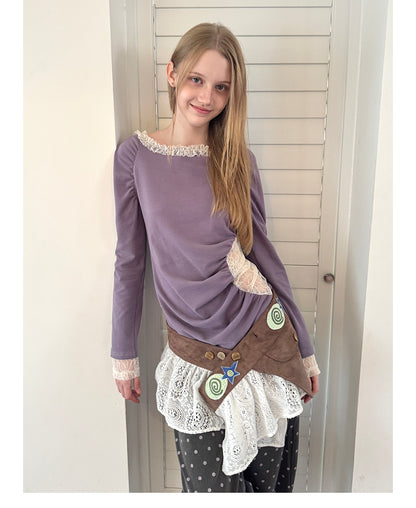 Lace Envelope Ruched Side Long Sleeve Top