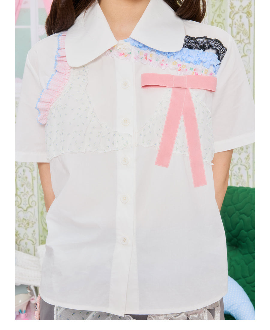 Front view of Unsocial Night white bikini-inspired lace trim shirt featuring a straight silhouette, regular short sleeves, a Peter Pan collar, and button closure