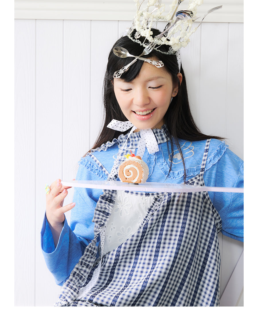 Front view of Unsocial Night checkered lace apron dress featuring a loose-fit suspender silhouette, sleeveless pullover design, and a coordinating checkered choker