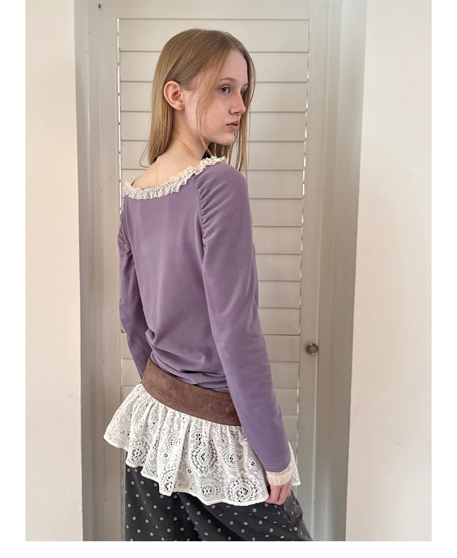 Lace Envelope Ruched Side Long Sleeve Top