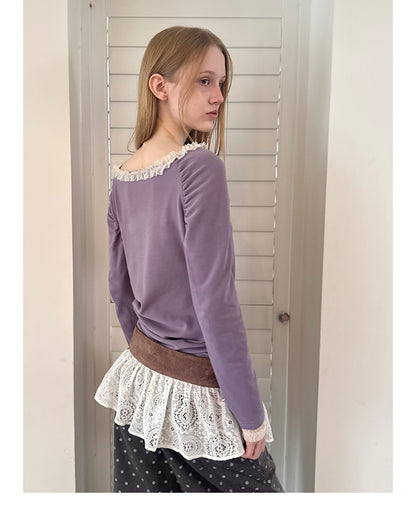 Lace Envelope Ruched Side Long Sleeve Top