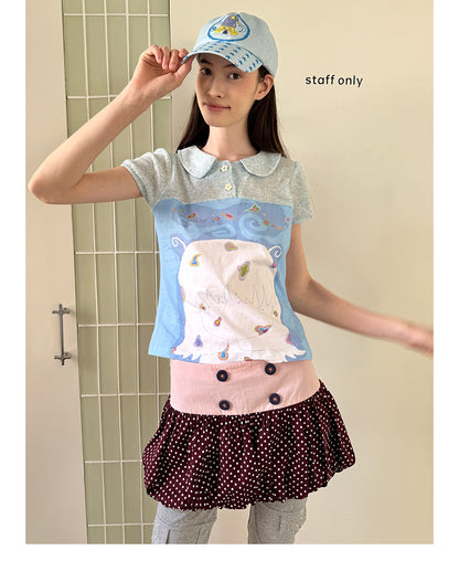 Unsocial Night bubble puff skort showcasing a whimsical polka dot print, contrast patchwork detailing, structured voluminous hem, and internal shorts
