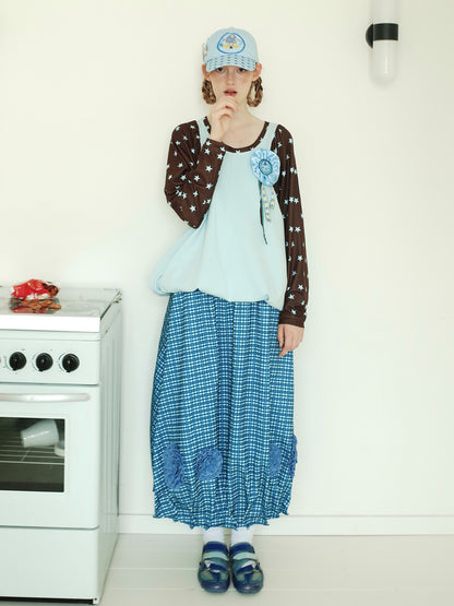Blue Waves Floral Plaid Skirt