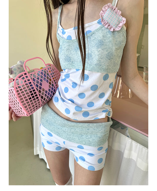 Unsocial Night knitted 2-piece set showcasing a whimsical polka dot print, contrast knit patchwork tailoring, camisole straps, and elasticated shorts
