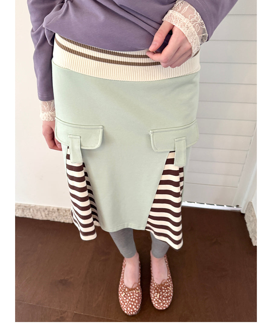 Letter-Slot Pleated Striped Mini Skirt