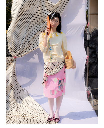 Front view of Unsocial Night pale yellow Wrapped in Lemon Souffle shirt featuring a soft regular fit, short sleeves, split neck with ponytail ties, and panel stitching