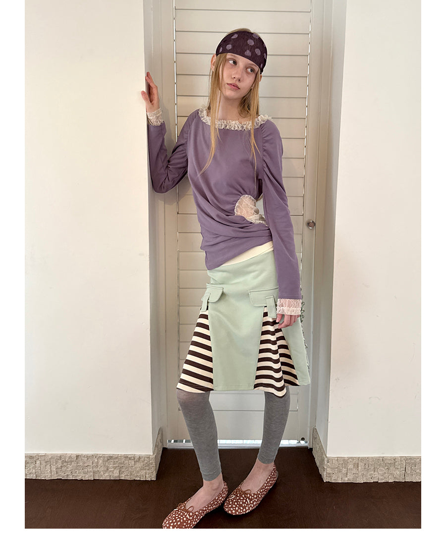 Letter-Slot Pleated Striped Mini Skirt