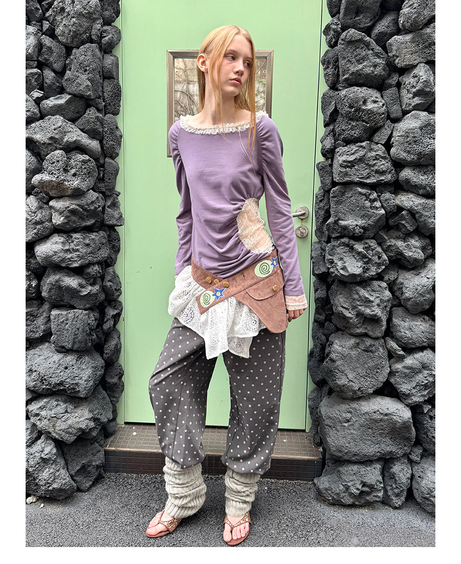 Lace Envelope Ruched Side Long Sleeve Top