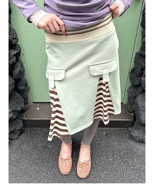 Letter-Slot Pleated Striped Mini Skirt
