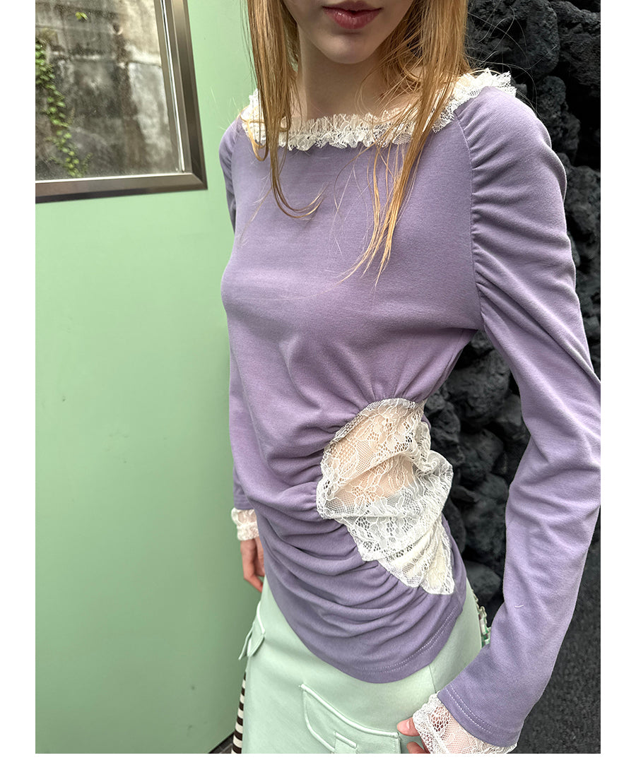 Lace Envelope Ruched Side Long Sleeve Top