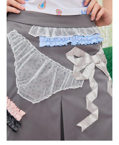 Front view of Unsocial Night grey coquette lace trim pleated skirt featuring a mid-rise A-line flare silhouette, a side zipper, and a fully lined design.