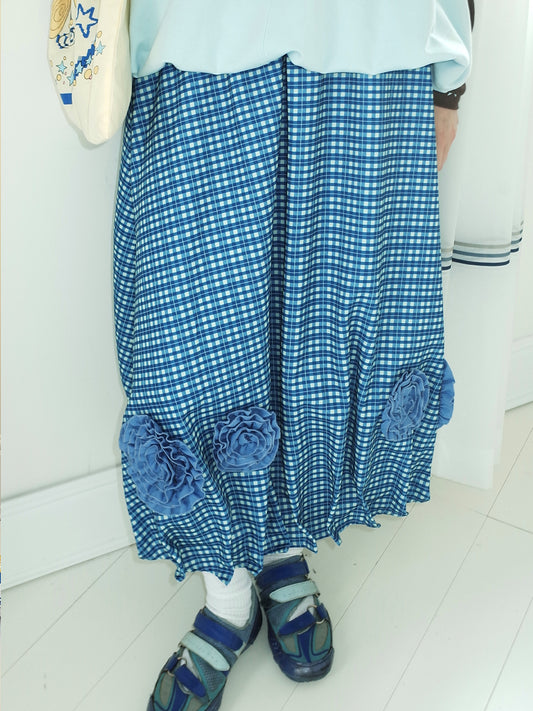 Blue Waves Floral Plaid Skirt