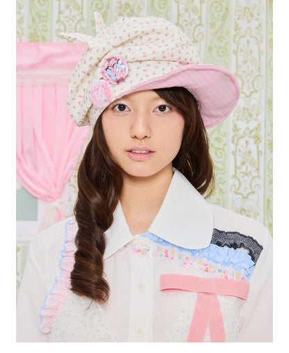 Front view of Unsocial Night strawberry striped cat ear beanie featuring a pleated slouched slouchy shape, a soft brim, and non-adjustable cotton knit texture.