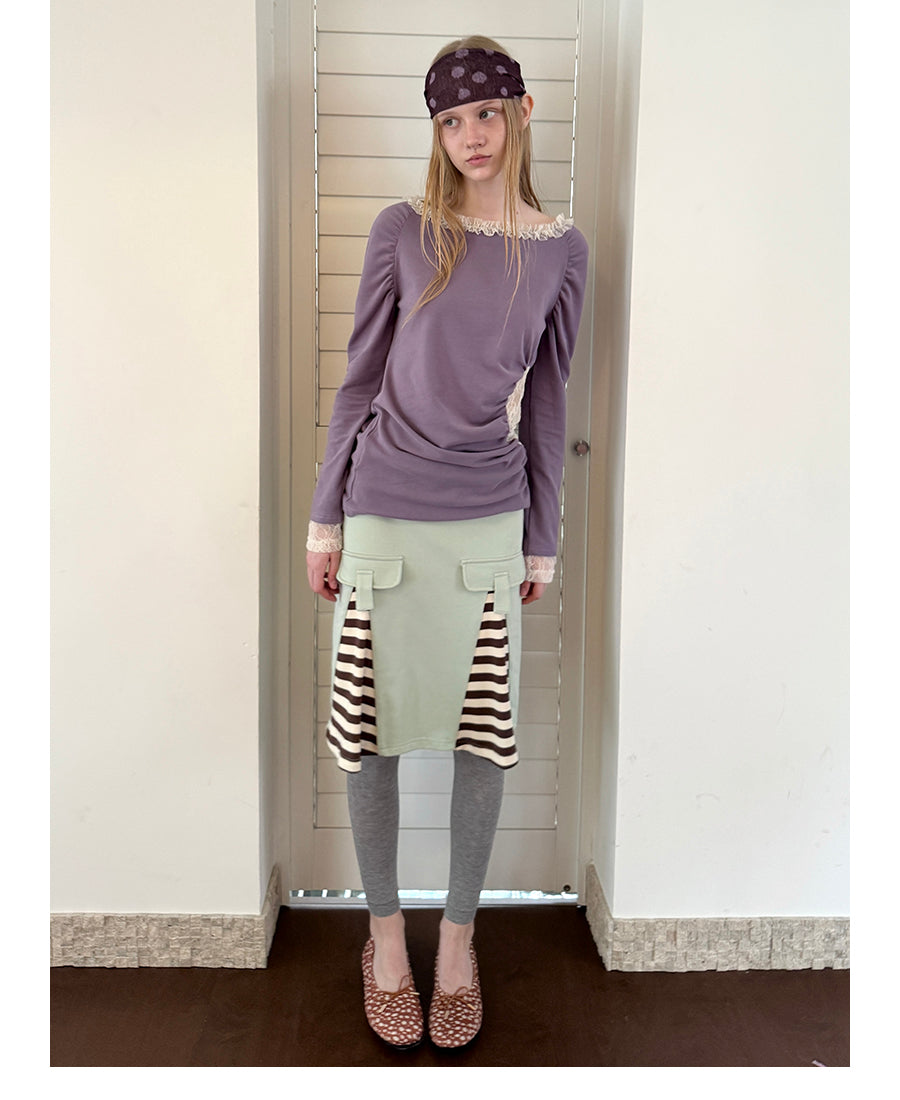 Lace Envelope Ruched Side Long Sleeve Top