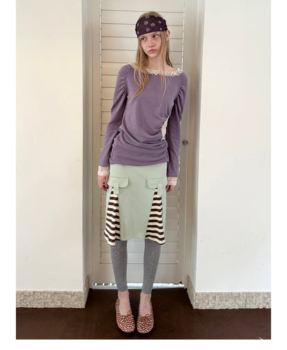 Lace Envelope Ruched Side Long Sleeve Top