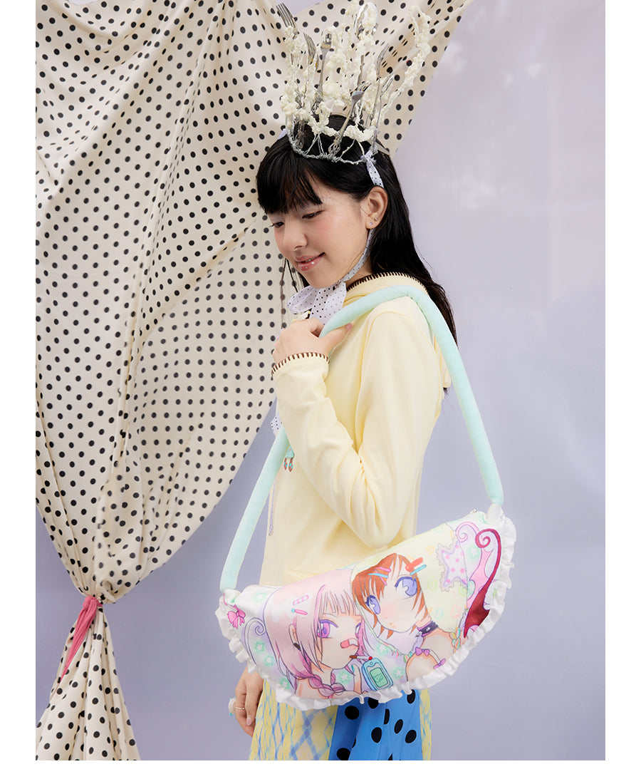 Front view of Unsocial Night Oliwa USN Girls Club pillow bag showcasing the custom artist painting print on a soft quilted padded shoulder bag silhouette
