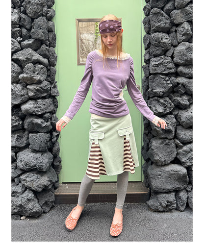 Letter-Slot Pleated Striped Mini Skirt
