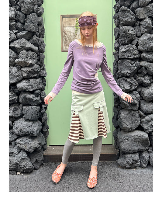 Letter-Slot Pleated Striped Mini Skirt