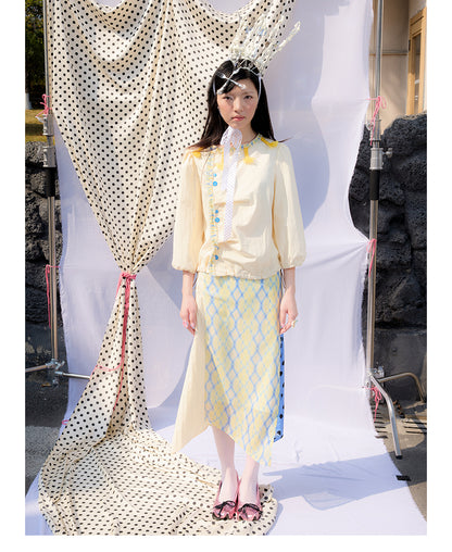 Front view of Unsocial Night pale yellow Wrapped in Lemon Souffle shirt featuring a soft regular fit, short sleeves, split neck with ponytail ties, and panel stitching