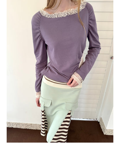 Lace Envelope Ruched Side Long Sleeve Top