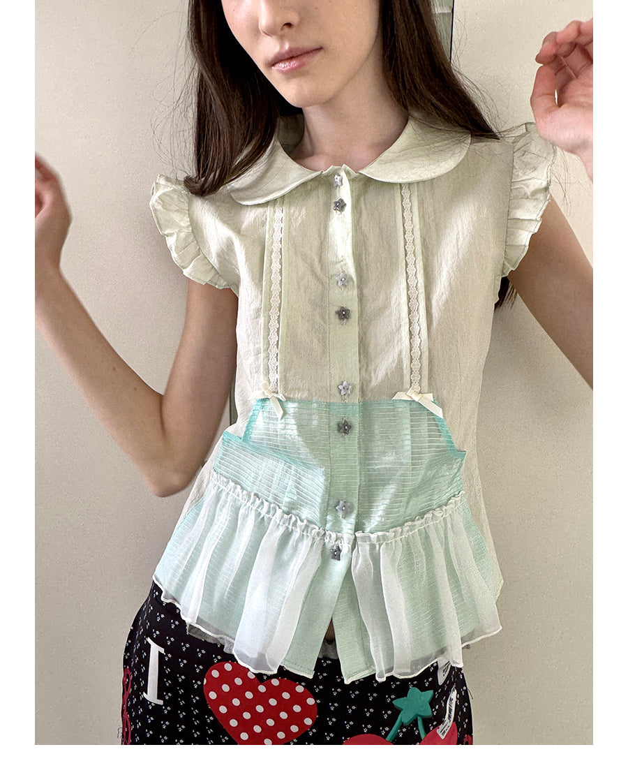 Unsocial Night short sleeve shirt showcasing the sheer mesh panel inserts, central button closures, slim-fit tailoring, and structural flutter sleeves