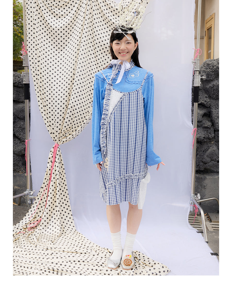 Front view of Unsocial Night checkered lace apron dress featuring a loose-fit suspender silhouette, sleeveless pullover design, and a coordinating checkered choker