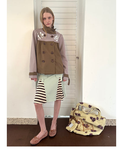 Letter-Slot Pleated Striped Mini Skirt