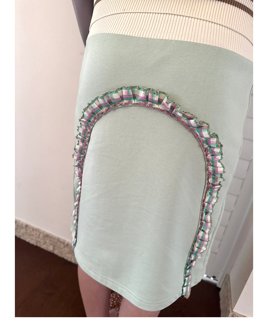 Letter-Slot Pleated Striped Mini Skirt