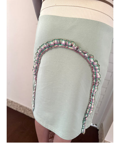 Letter-Slot Pleated Striped Mini Skirt