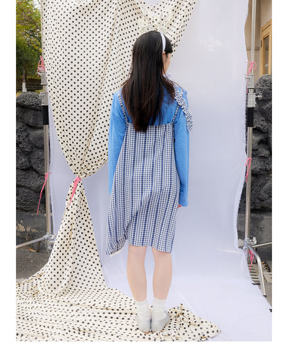 Front view of Unsocial Night checkered lace apron dress featuring a loose-fit suspender silhouette, sleeveless pullover design, and a coordinating checkered choker