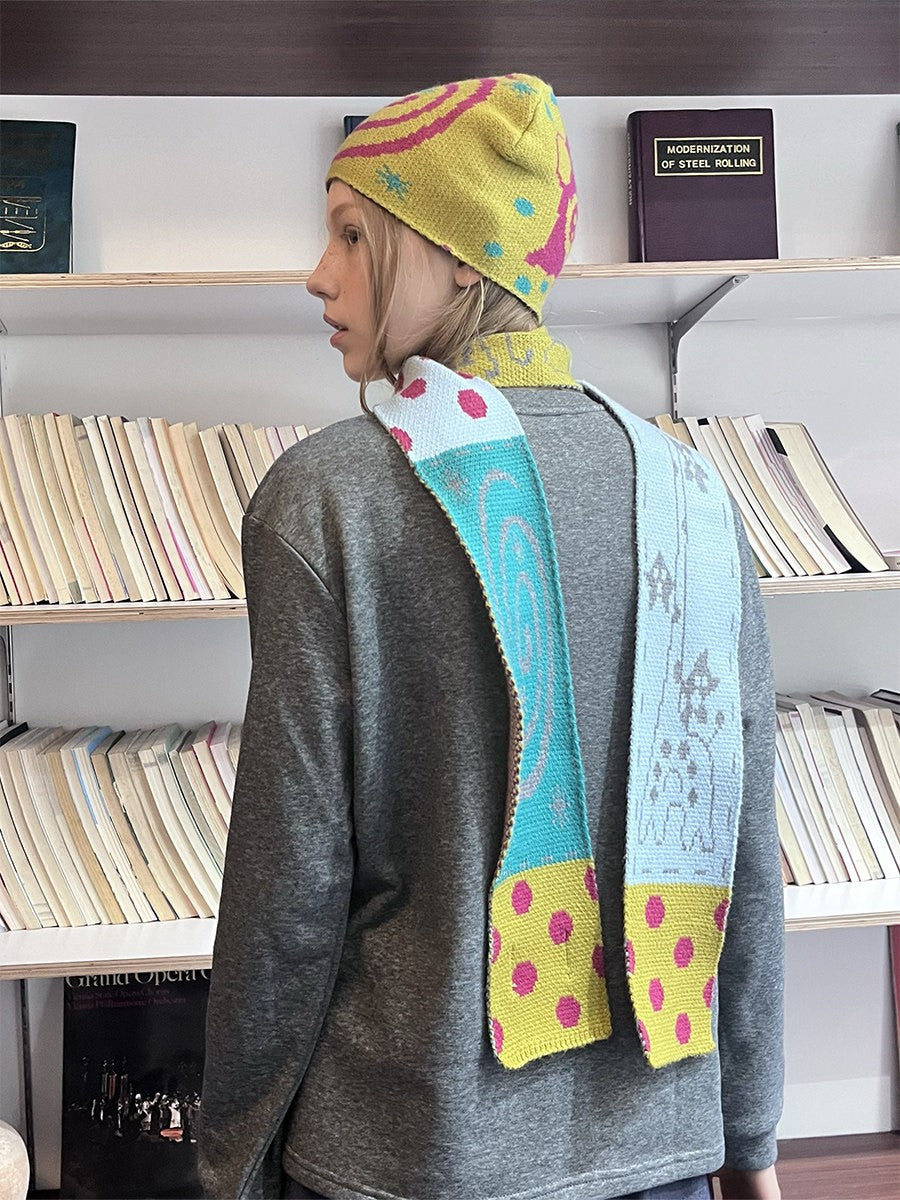 Cute Graffiti Painted Beanie Hat & Scarf Set